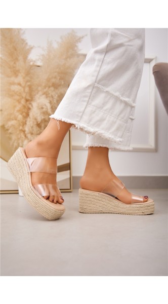 Mule compensée avec semelle effet paille et double bride transparente